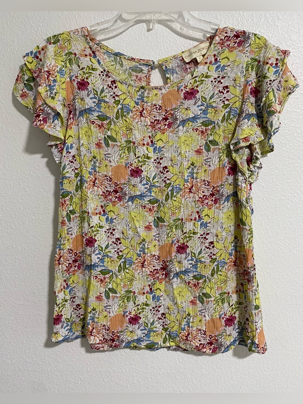 Cynthia Rowley Floral Rayon Blouse Multicolor Flutter Sleeve Top Sz S